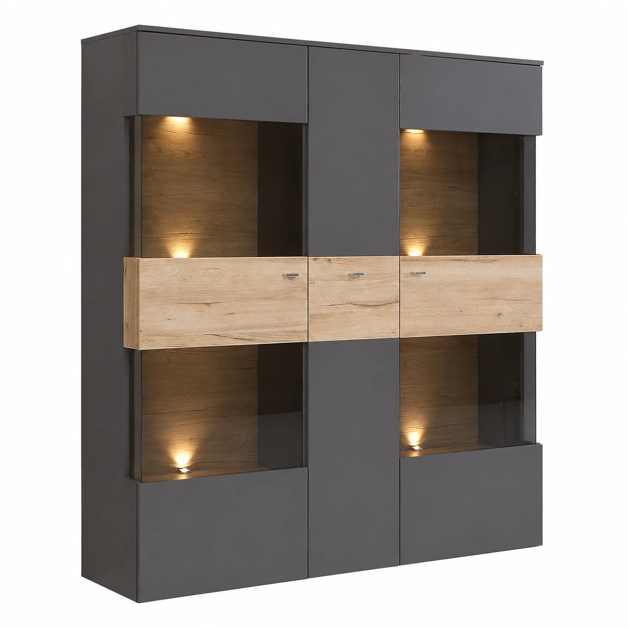 Vitrine – 149,8 × 152,1 × 41,3 cm, moderner Stil, aus Eichenholz, Grau, für Wohnzimmer