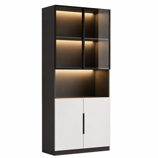 Glasvitrine – 80 × 30 × 200 cm, mit LED-Beleuchtung, Schwarz