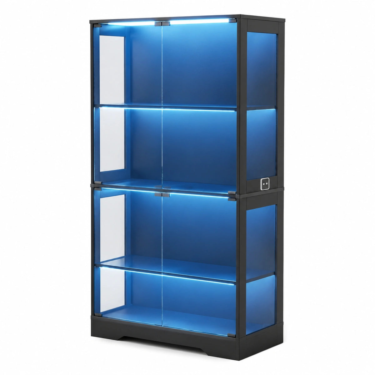 Glasvitrine – mit LED-Beleuchtung, mit mehreren Türen, aus Glas, Schwarz, für Wohnzimmer
